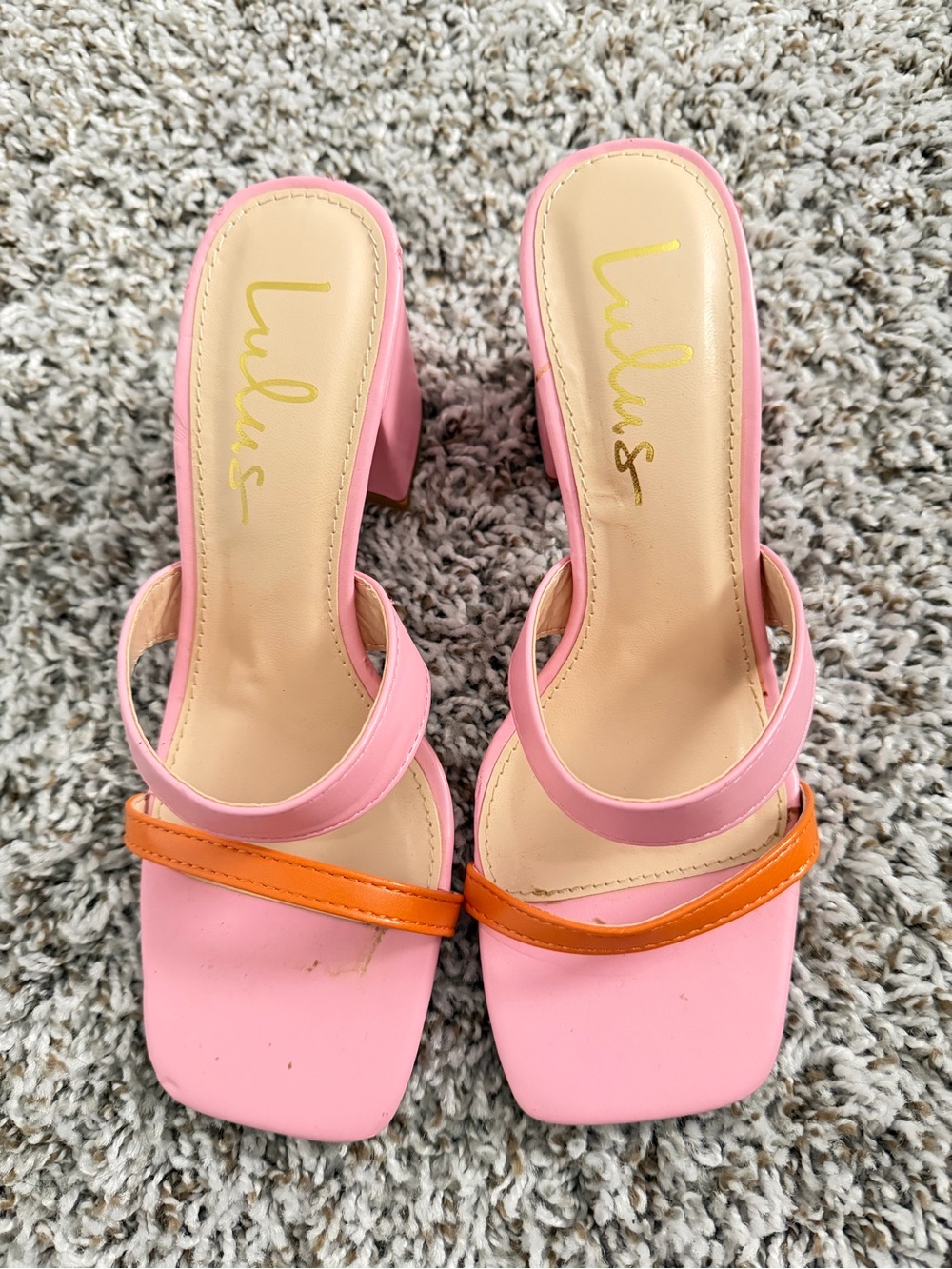 Lulu's Pink Heeled Slide Sandals with Orange Strap